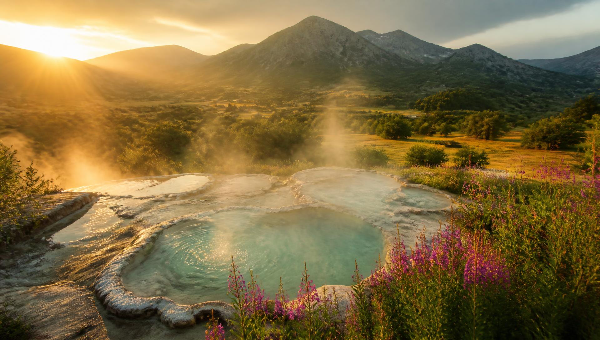 Steaming mineral pools in a Bulgarian mountain valley at sunrise